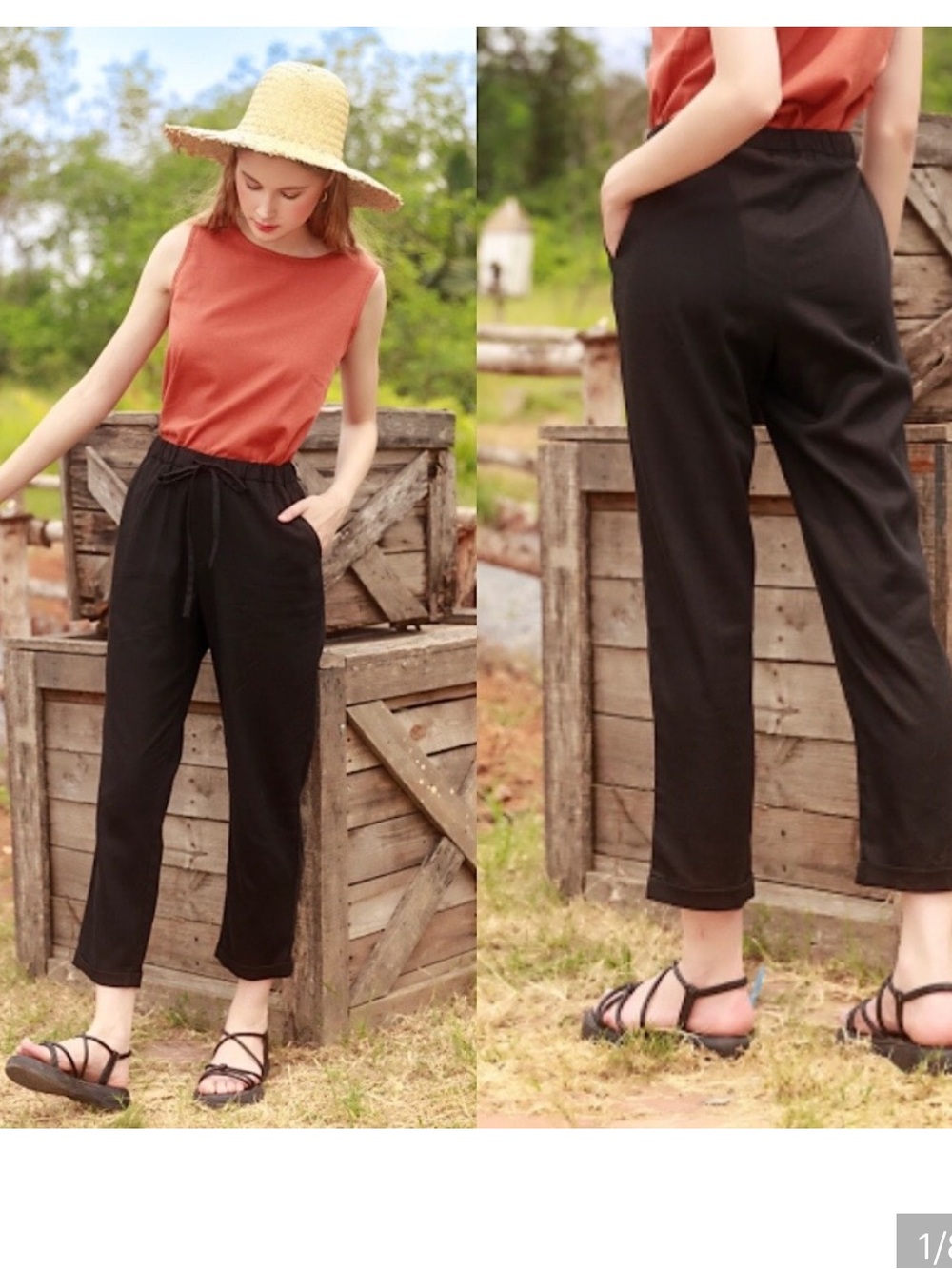 HANNA CANVAS 100% Linen Drawstring Pants Black Large Coastal Lagenlook Casual